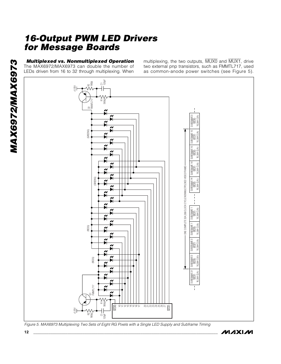 Output pwm led drivers for message boards, Multiplexed vs. nonmultiplexed operation | Rainbow Electronics MAX6973 User Manual | Page 12 / 23