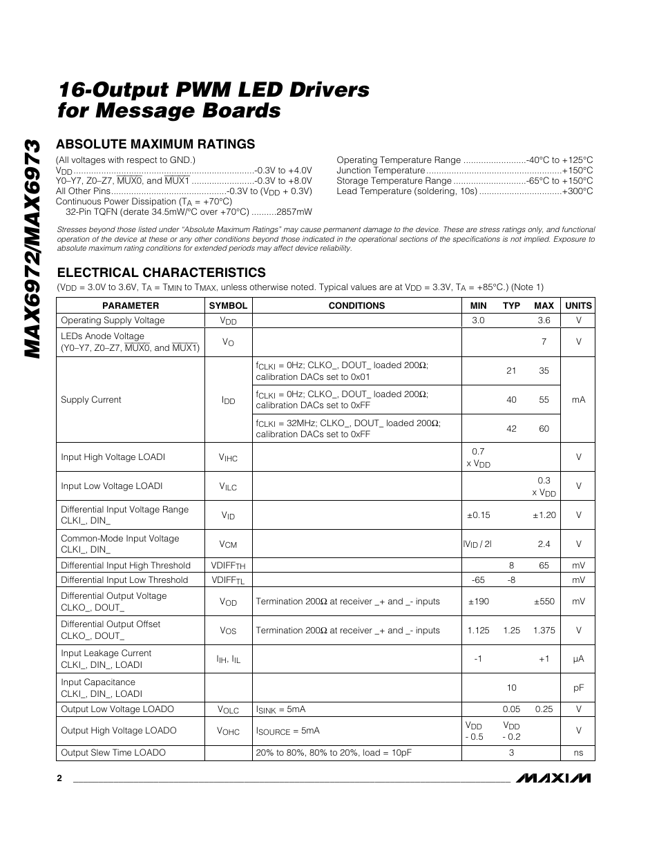 Absolute maximum ratings, Electrical characteristics | Rainbow Electronics MAX6973 User Manual | Page 2 / 23