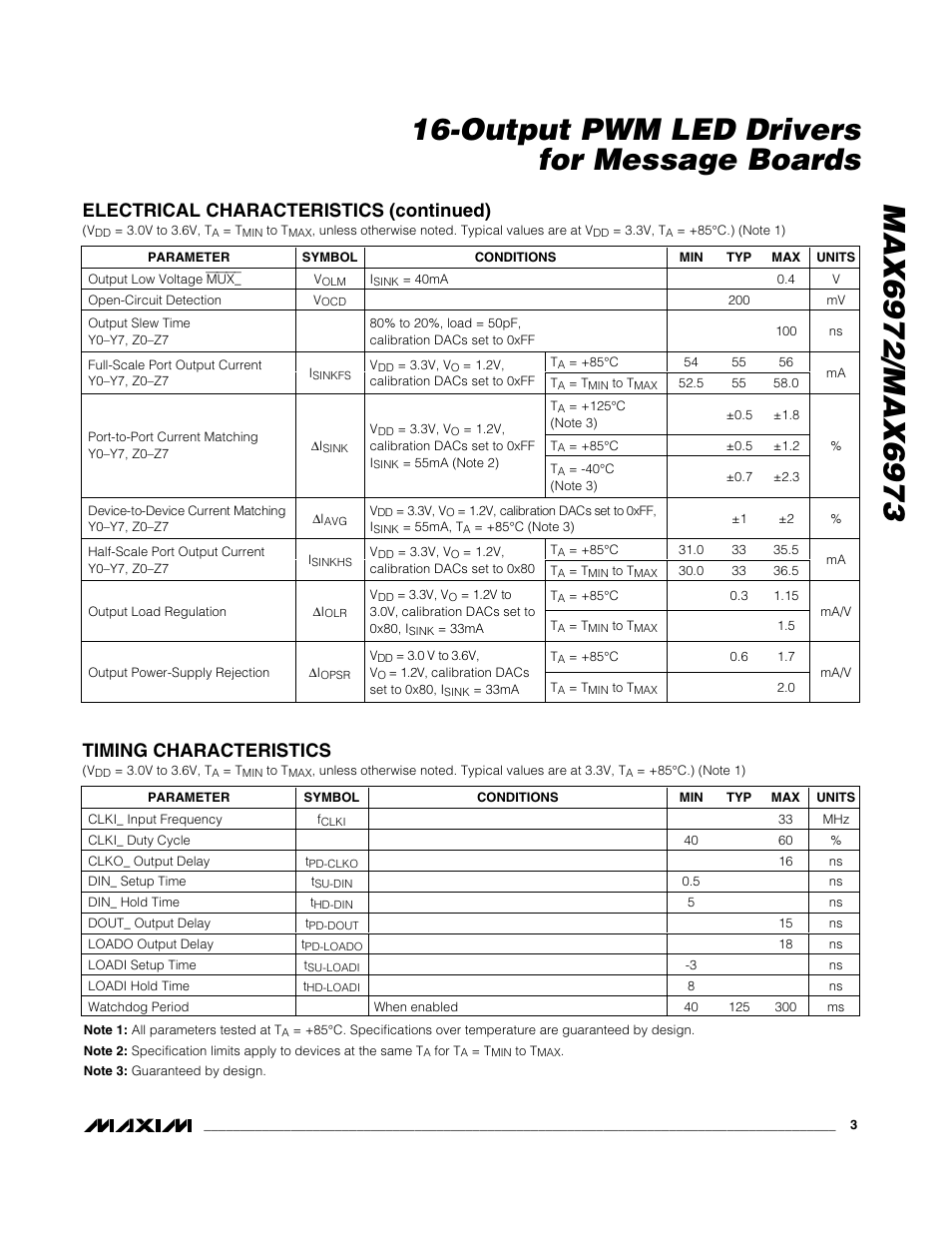 Electrical characteristics (continued), Timing characteristics | Rainbow Electronics MAX6973 User Manual | Page 3 / 23