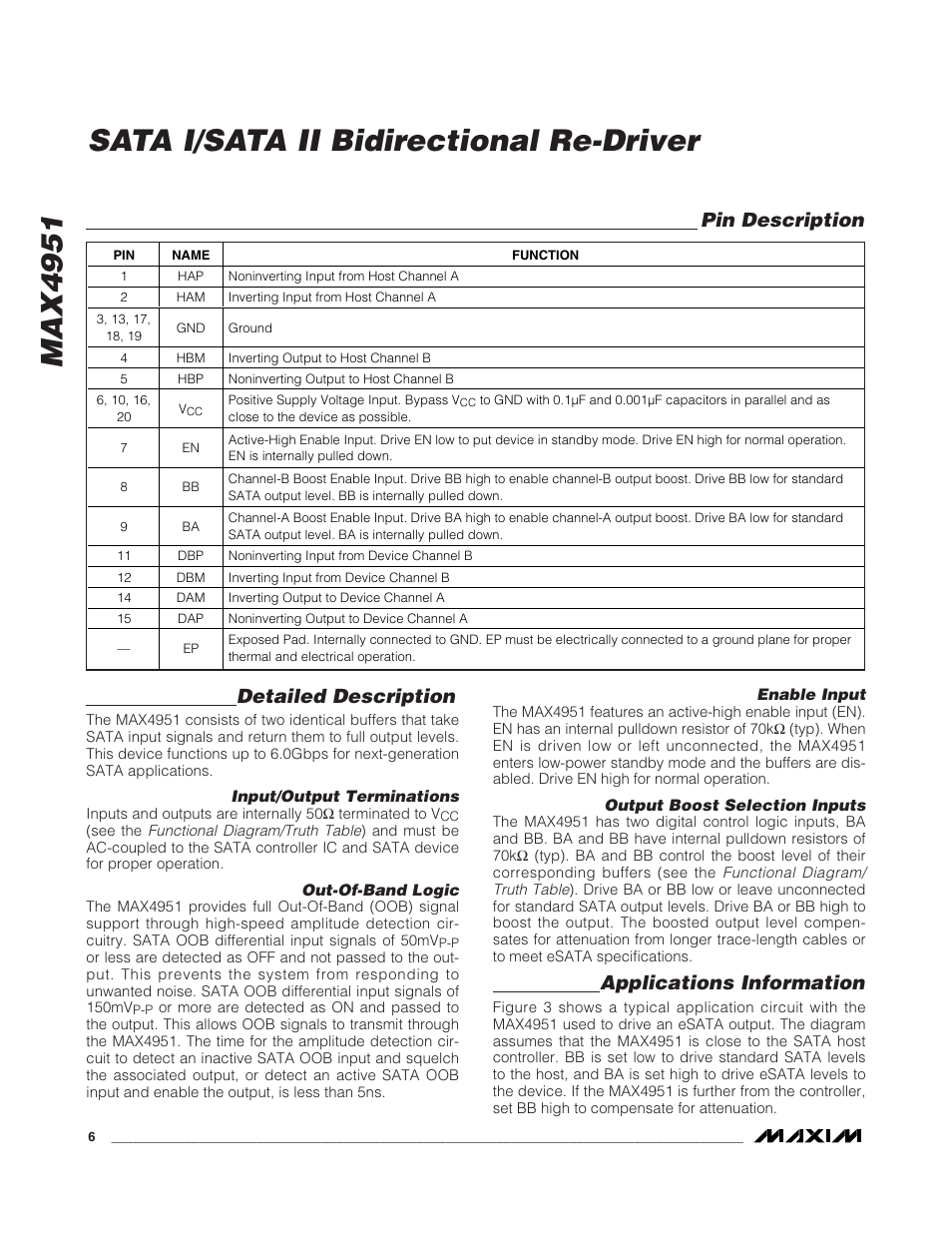 Max4951, Sata i/sata ii bidirectional re-driver, Detailed description | Applications information, Pin description | Rainbow Electronics MAX4951 User Manual | Page 6 / 9