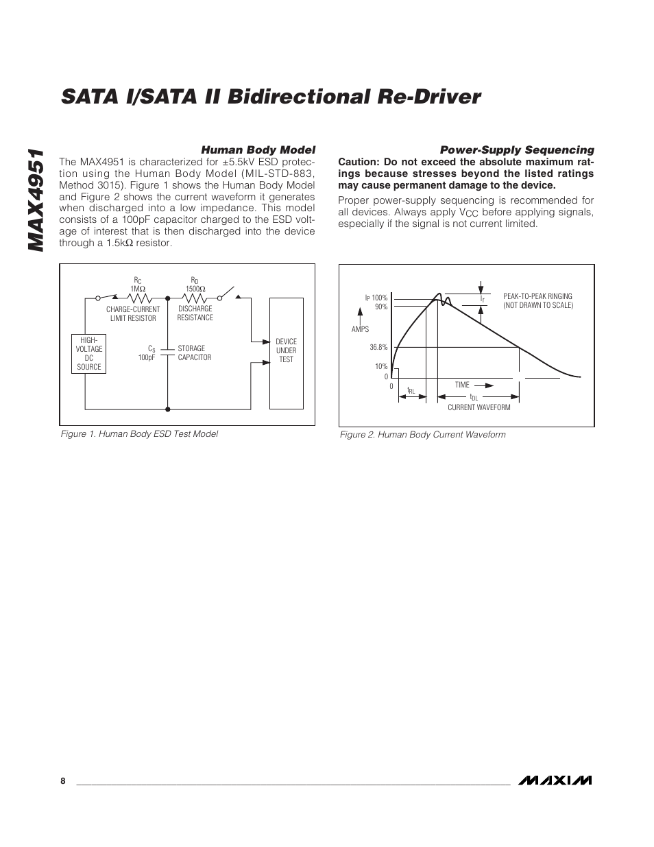 Max4951, Sata i/sata ii bidirectional re-driver, Human body model | Power-supply sequencing | Rainbow Electronics MAX4951 User Manual | Page 8 / 9