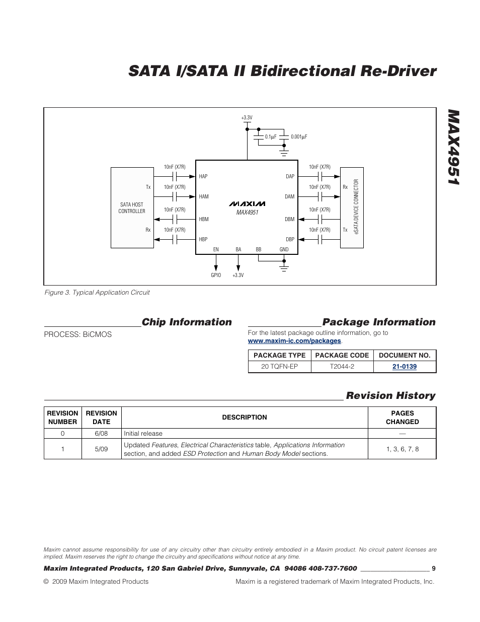 Max4951 sata i/sata ii bidirectional re-driver, Package information, Chip information | Revision history | Rainbow Electronics MAX4951 User Manual | Page 9 / 9