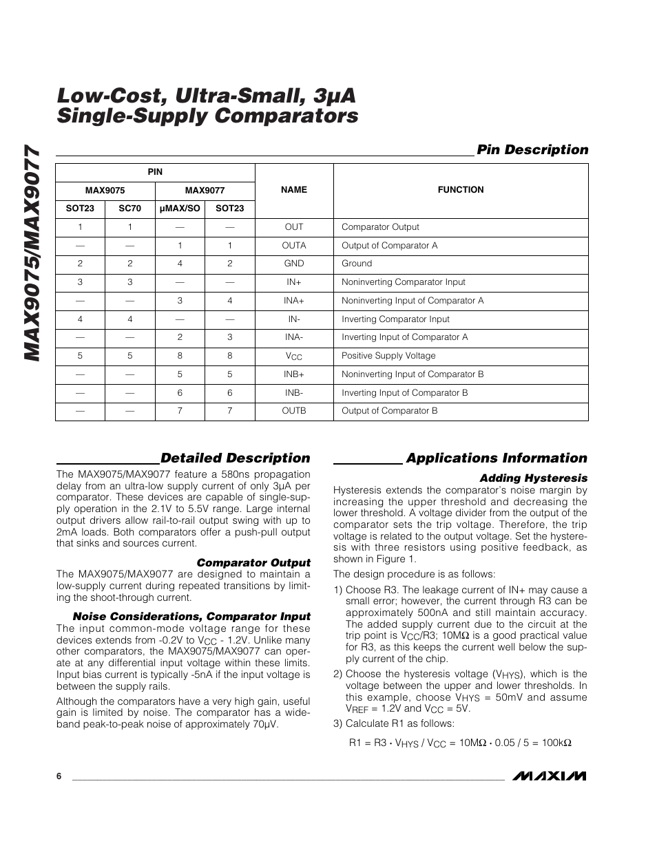 Pin description, Detailed description, Applications information | Rainbow Electronics MAX9077 User Manual | Page 6 / 8