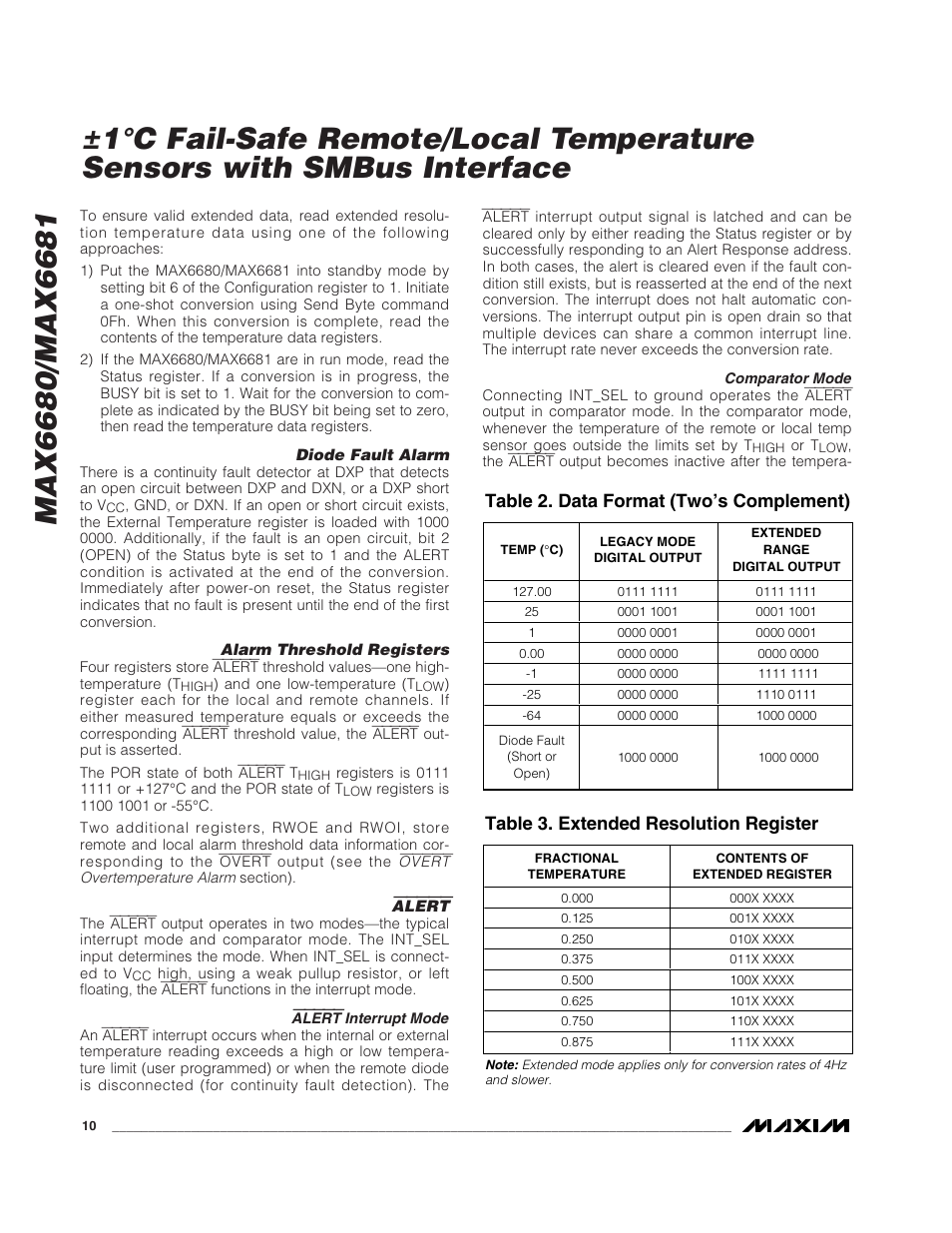 Table 2. data format (two’s complement), Table 3. extended resolution register | Rainbow Electronics MAX6681 User Manual | Page 10 / 17