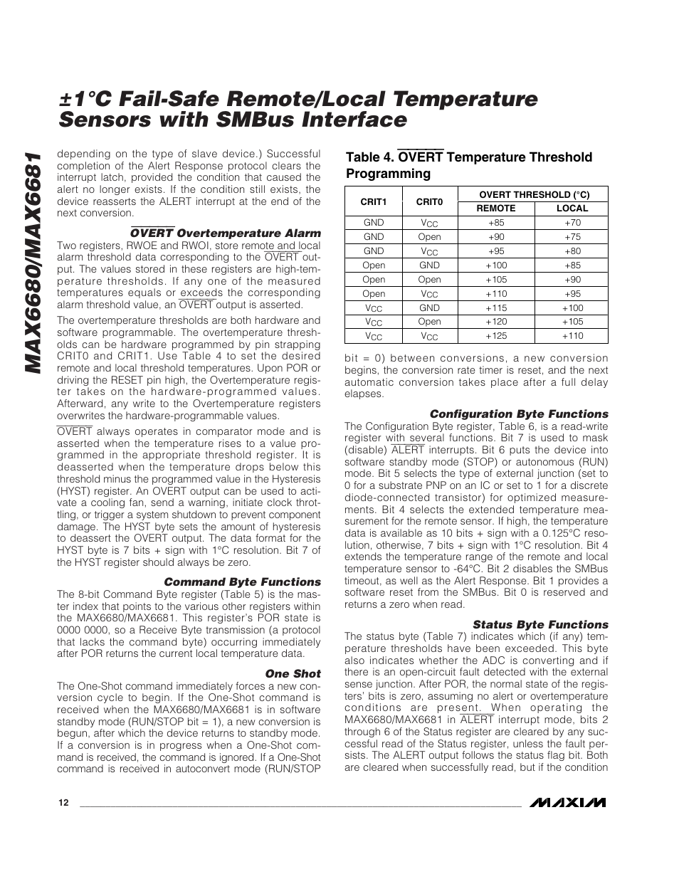 Table 4. overt temperature threshold programming | Rainbow Electronics MAX6681 User Manual | Page 12 / 17