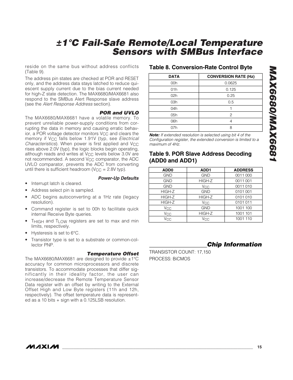 Chip information, Table 8. conversion-rate control byte | Rainbow Electronics MAX6681 User Manual | Page 15 / 17