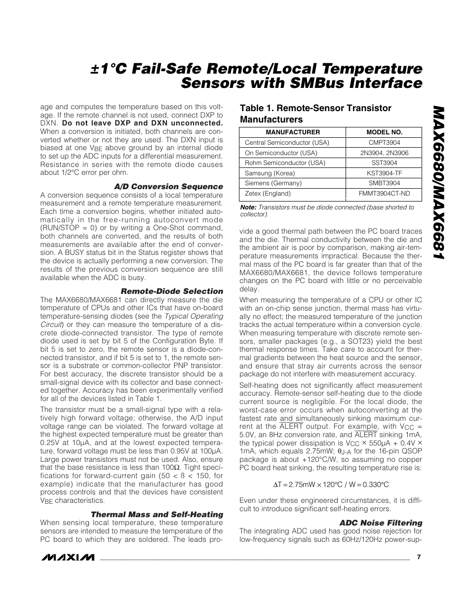 Table 1. remote-sensor transistor manufacturers | Rainbow Electronics MAX6681 User Manual | Page 7 / 17
