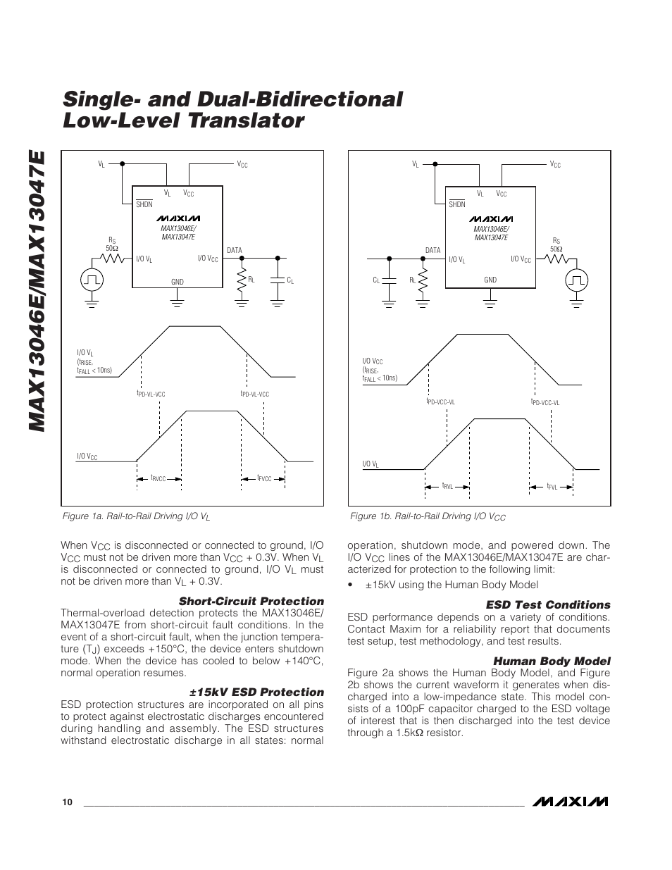 Short-circuit protection, 15kv esd protection, Esd test conditions | Human body model | Rainbow Electronics MAX13047E User Manual | Page 10 / 14