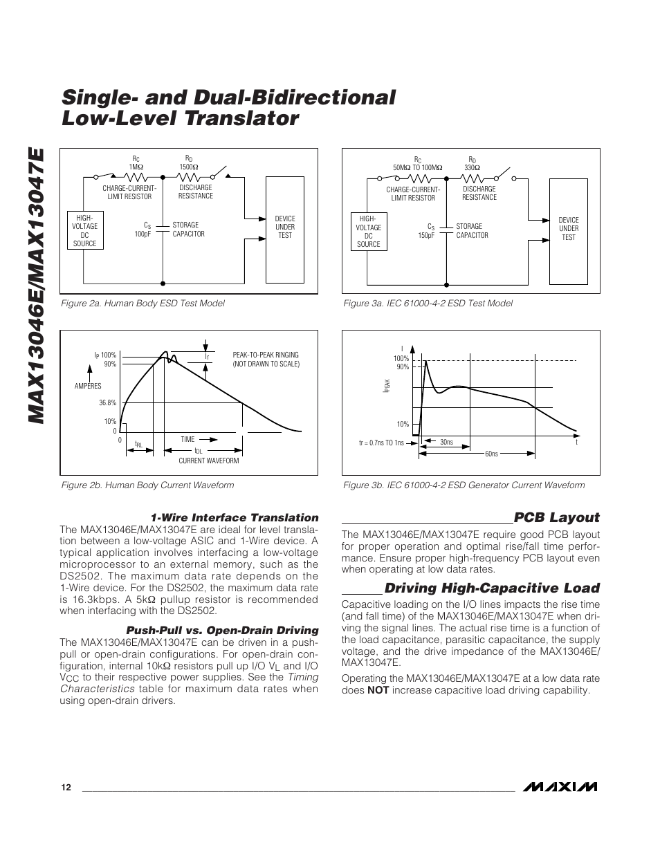 Pcb layout, Driving high-capacitive load, Wire interface translation | Push-pull vs. open-drain driving, Timing characteristics | Rainbow Electronics MAX13047E User Manual | Page 12 / 14