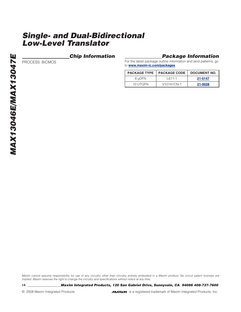 Chip information, Package information | Rainbow Electronics MAX13047E User Manual | Page 14 / 14