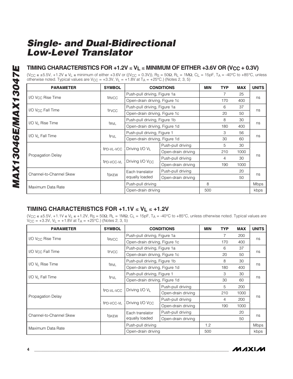 Timing characteristics for +1.2v ≤ v, Minimum of either +3.6v or (v, Timing characteristics for +1.1v ≤ v | Rainbow Electronics MAX13047E User Manual | Page 4 / 14