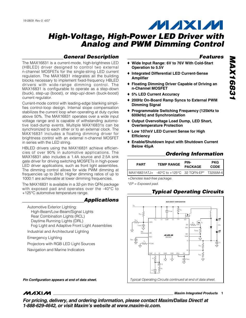 Rainbow Electronics MAX16831 User Manual | 20 pages