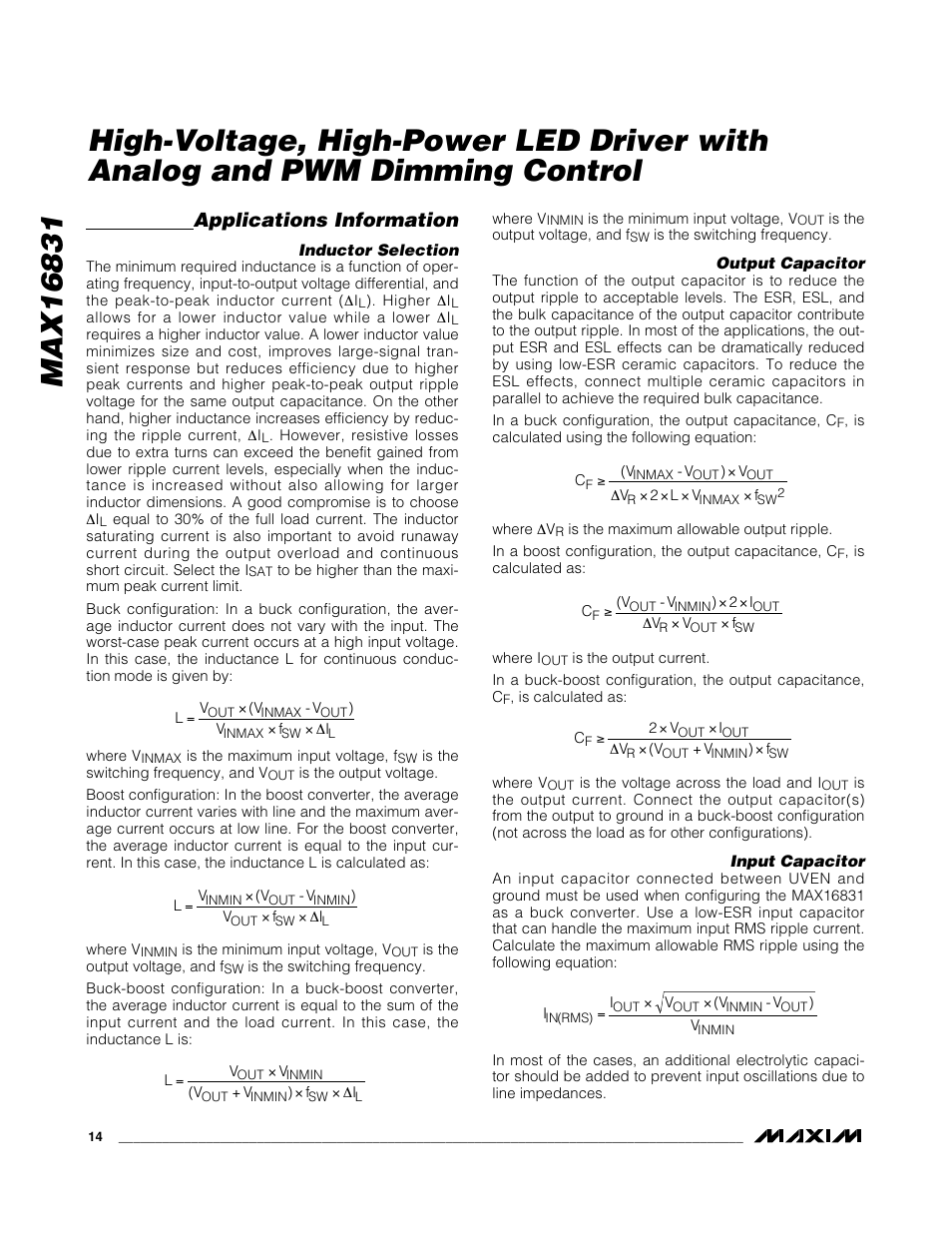 Applications information | Rainbow Electronics MAX16831 User Manual | Page 14 / 20