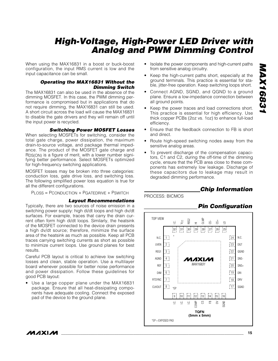 Chip information, Pin configuration, Switching power mosfet losses | Layout recommendations | Rainbow Electronics MAX16831 User Manual | Page 15 / 20