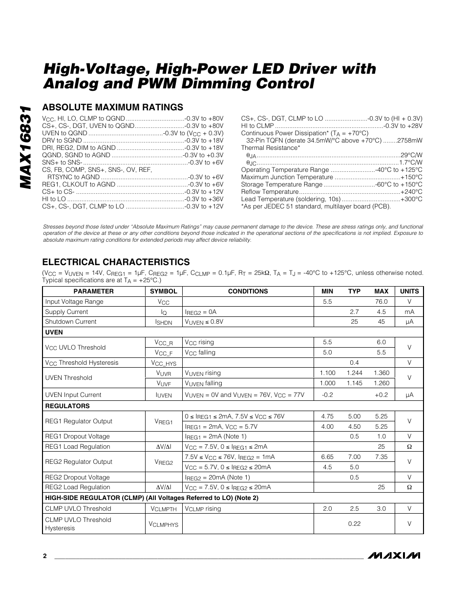 Rainbow Electronics MAX16831 User Manual | Page 2 / 20