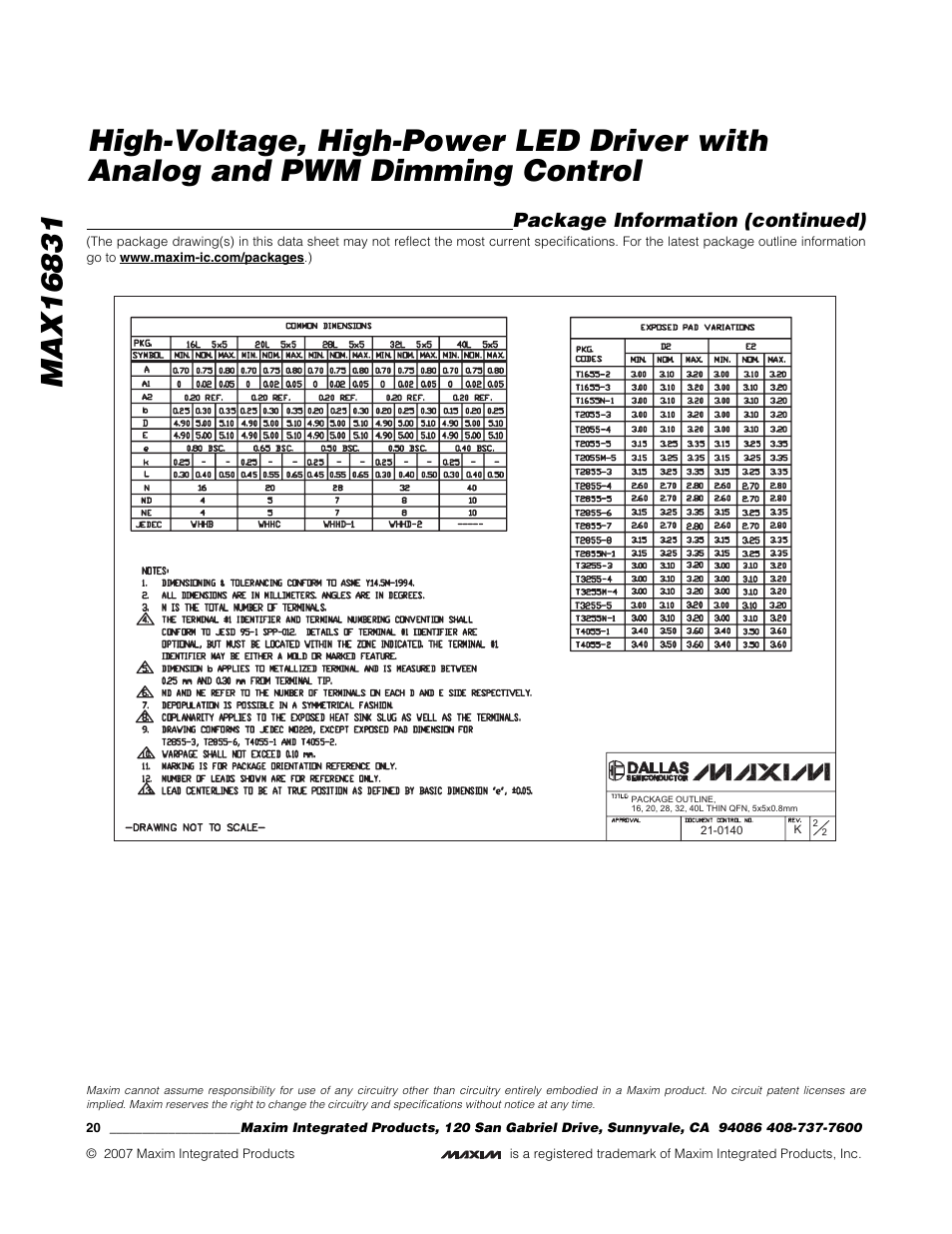 Package information (continued) | Rainbow Electronics MAX16831 User Manual | Page 20 / 20