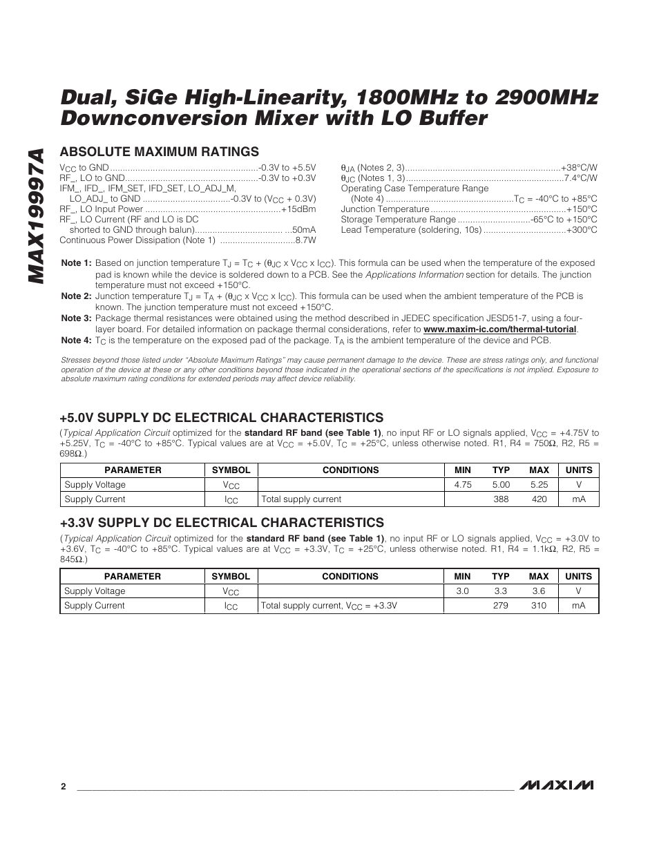 3v supply dc electrical characteristics | Rainbow Electronics MAX19997A User Manual | Page 2 / 34