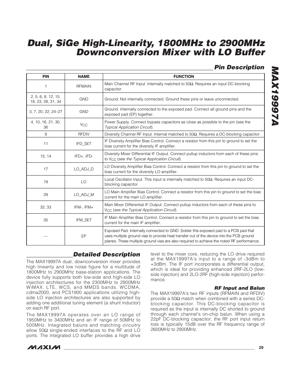 Detailed description, Pin description | Rainbow Electronics MAX19997A User Manual | Page 29 / 34