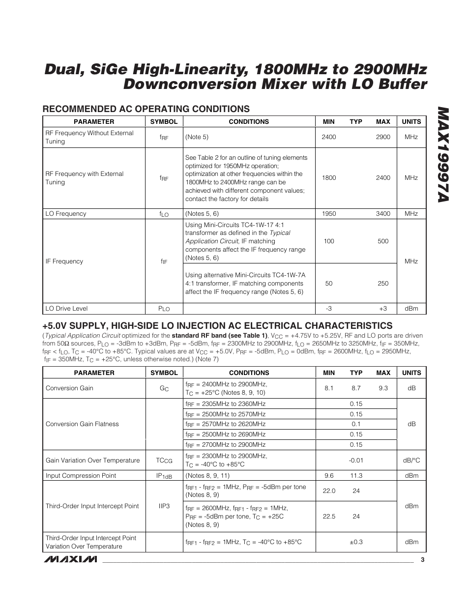 Recommended ac operating conditions | Rainbow Electronics MAX19997A User Manual | Page 3 / 34