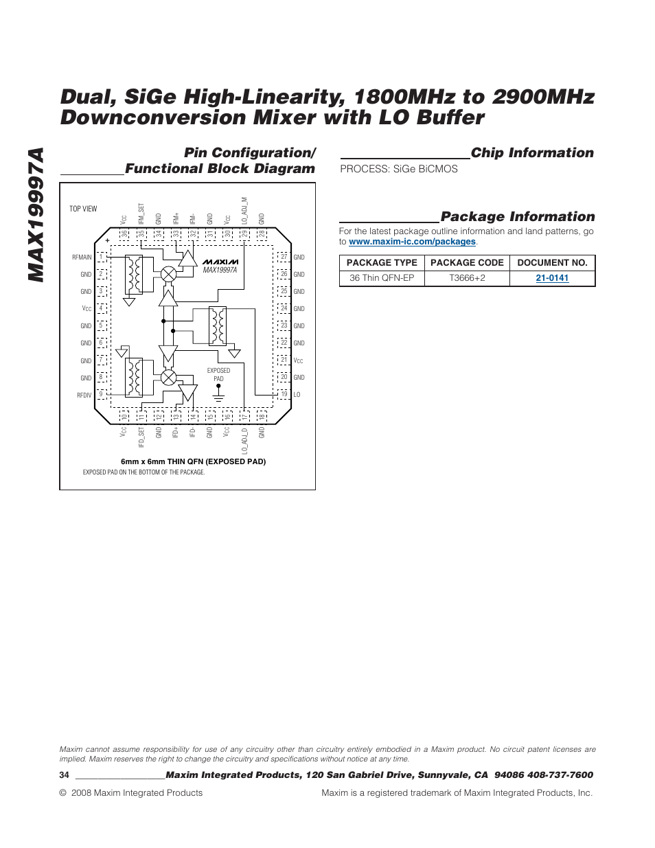 Chip information, Package information, Pin configuration/ functional block diagram | Process: sige bicmos | Rainbow Electronics MAX19997A User Manual | Page 34 / 34