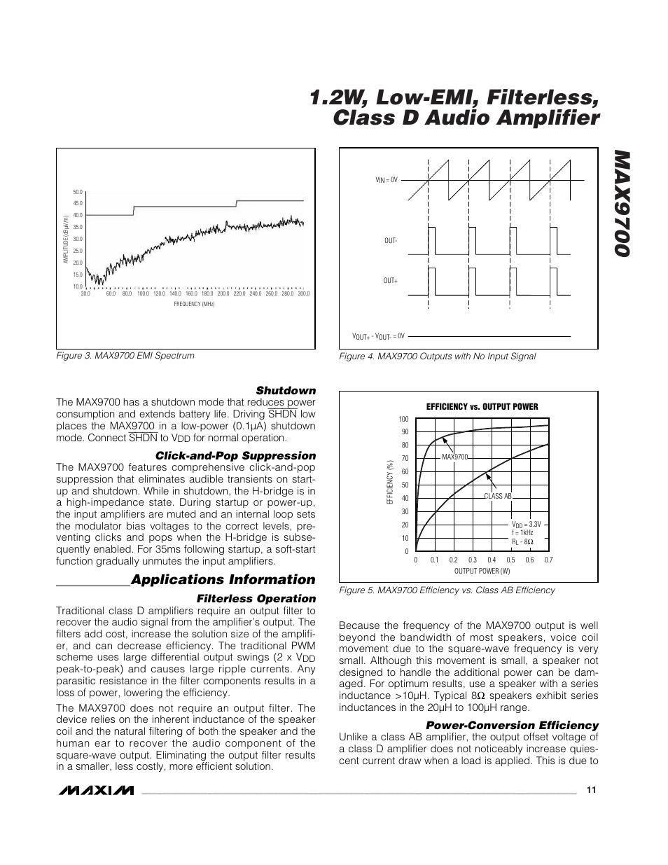 Applications information, Shutdown, Click-and-pop suppression | Filterless operation, Power-conversion efficiency | Rainbow Electronics MAX9700 User Manual | Page 11 / 19