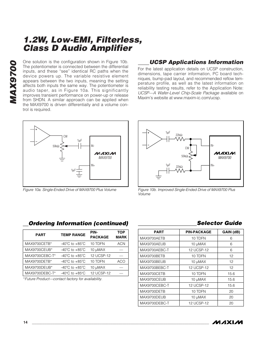 Max9700, 2w, low-emi, filterless, class d audio amplifier, Ucsp applications information | Ordering information (continued), Selector guide | Rainbow Electronics MAX9700 User Manual | Page 14 / 19