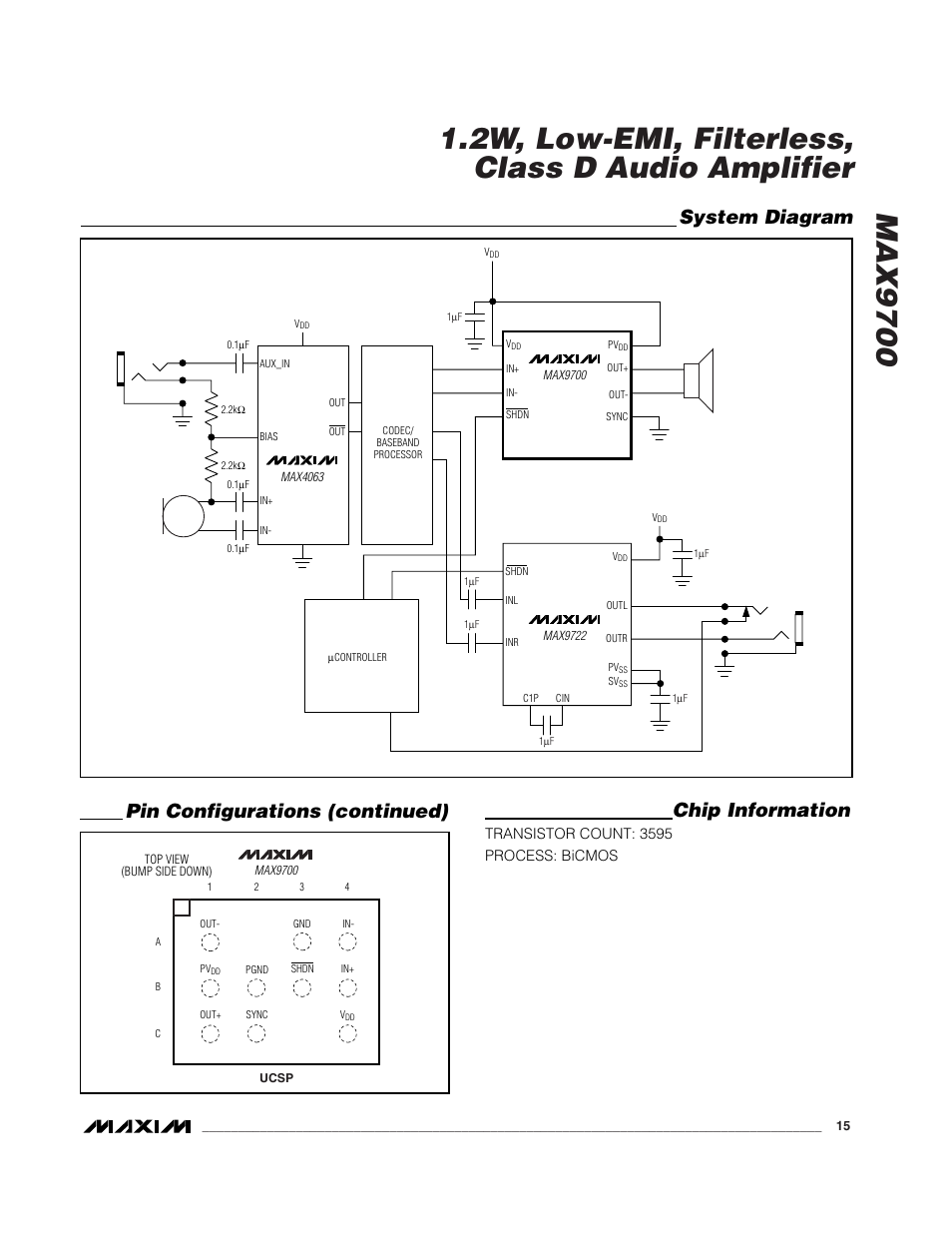 Chip information, System diagram, Pin configurations (continued) | Rainbow Electronics MAX9700 User Manual | Page 15 / 19