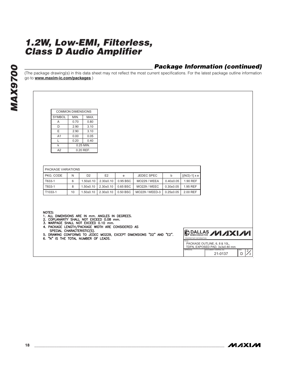 Package information (continued), Dallas | Rainbow Electronics MAX9700 User Manual | Page 18 / 19