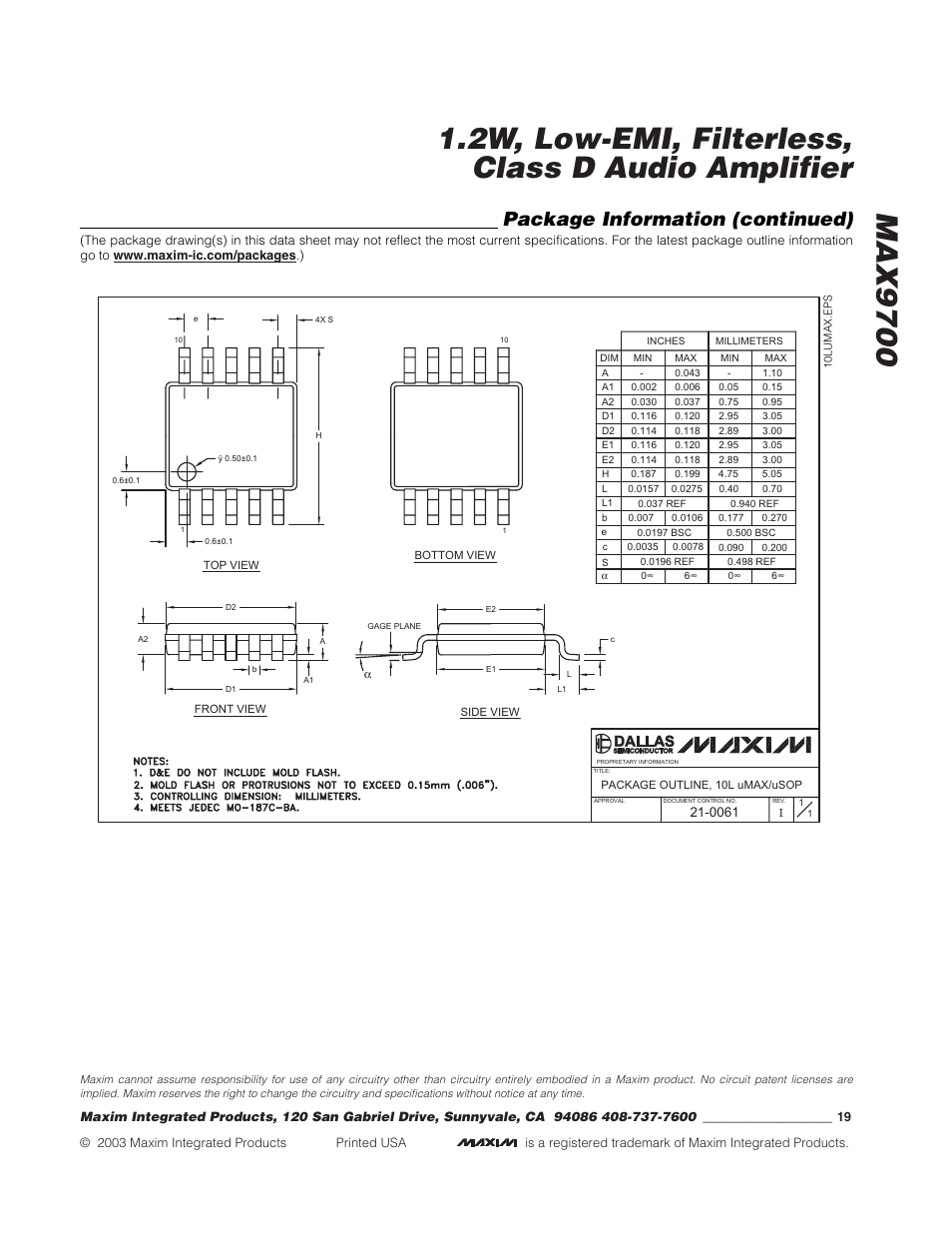 Package information (continued) | Rainbow Electronics MAX9700 User Manual | Page 19 / 19