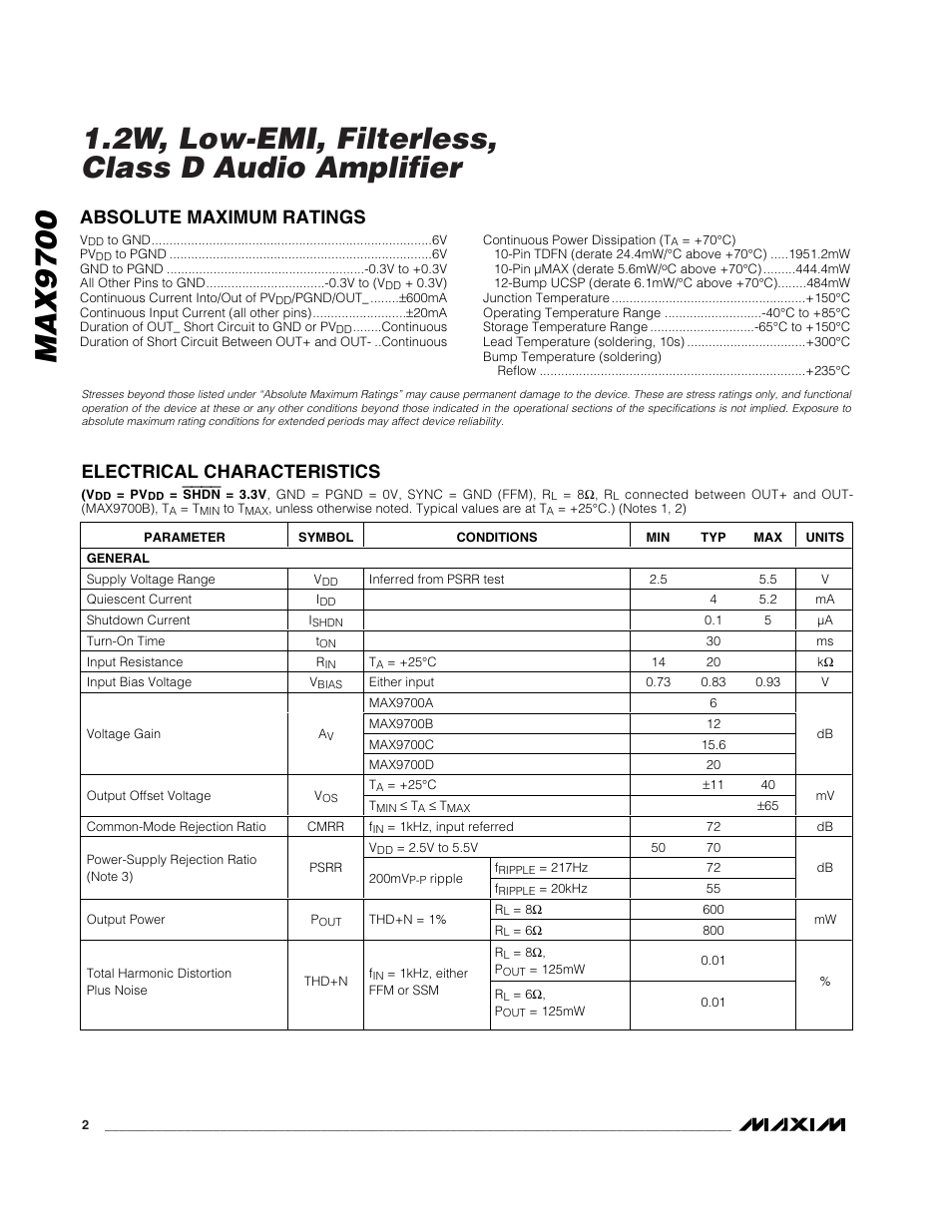 2w, low-emi, filterless, class d audio amplifier, Max9700 | Rainbow Electronics MAX9700 User Manual | Page 2 / 19