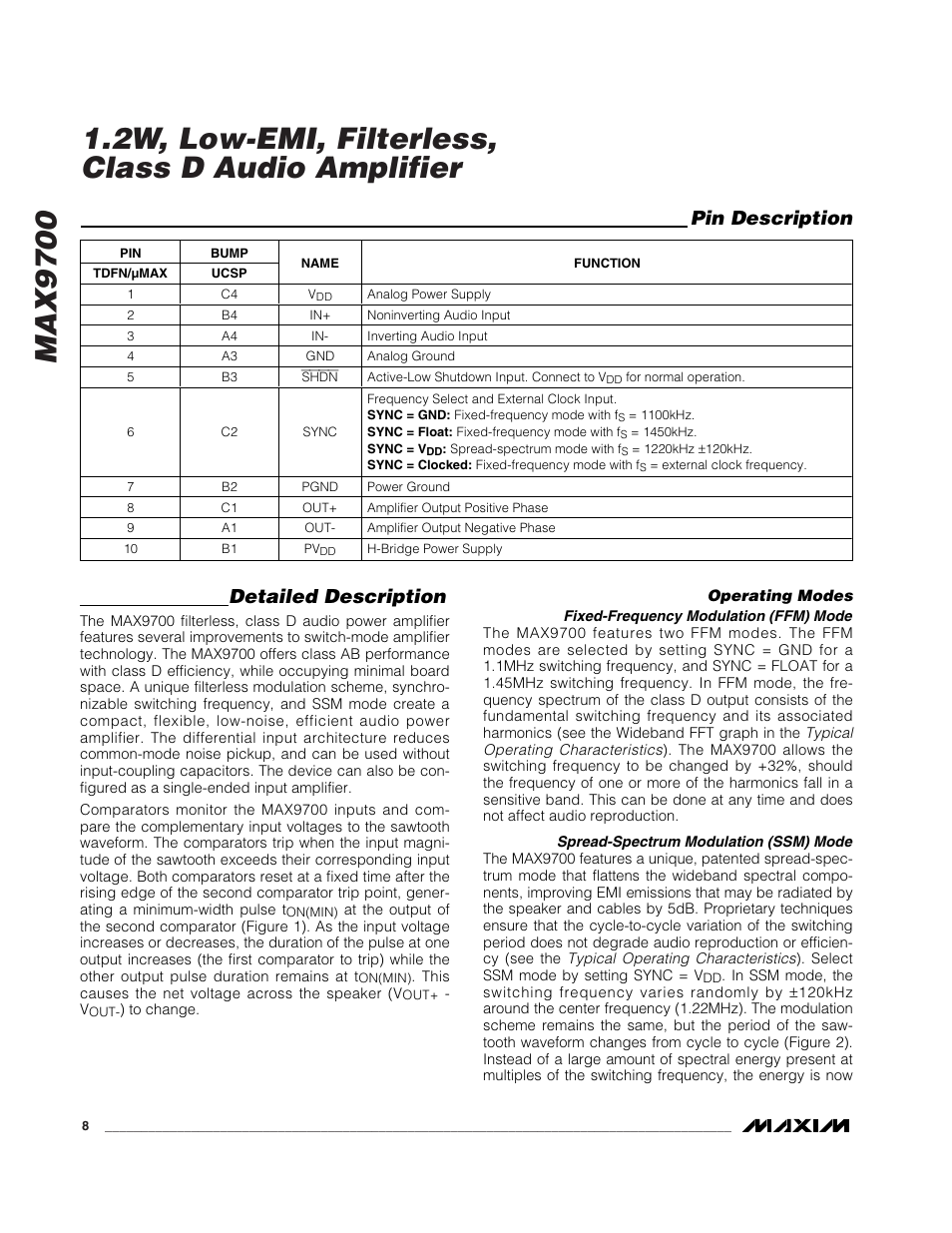 Detailed description, Pin description | Rainbow Electronics MAX9700 User Manual | Page 8 / 19