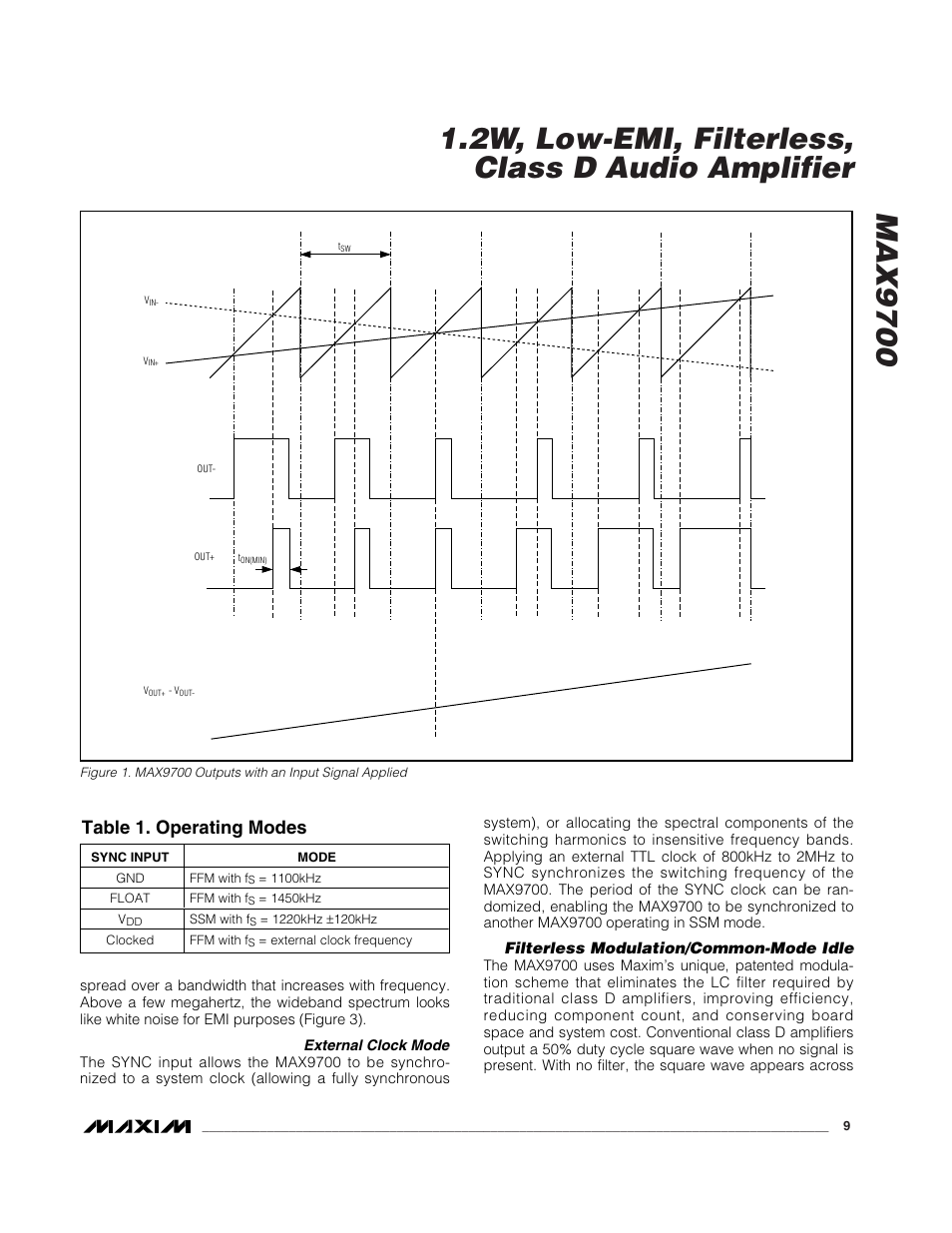 Table 1. operating modes | Rainbow Electronics MAX9700 User Manual | Page 9 / 19