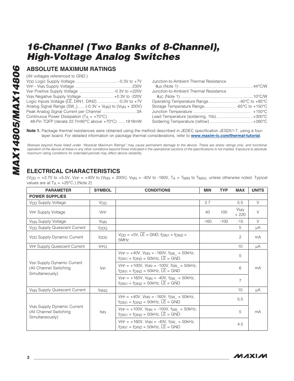 Electrical_characteristics, Absolute_maximum_ratings | Rainbow Electronics MAX14806 User Manual | Page 2 / 14