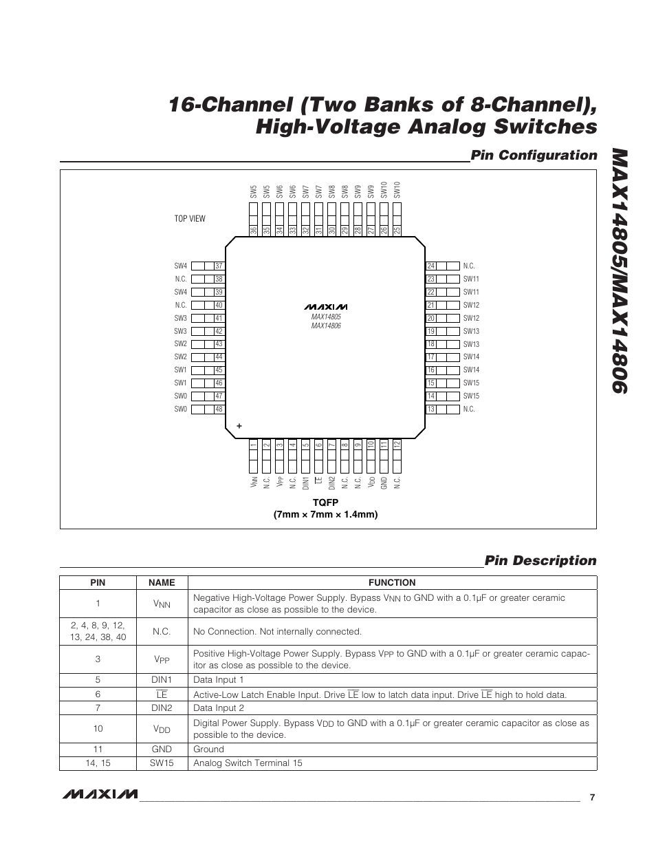 Pin configuration pin description | Rainbow Electronics MAX14806 User Manual | Page 7 / 14