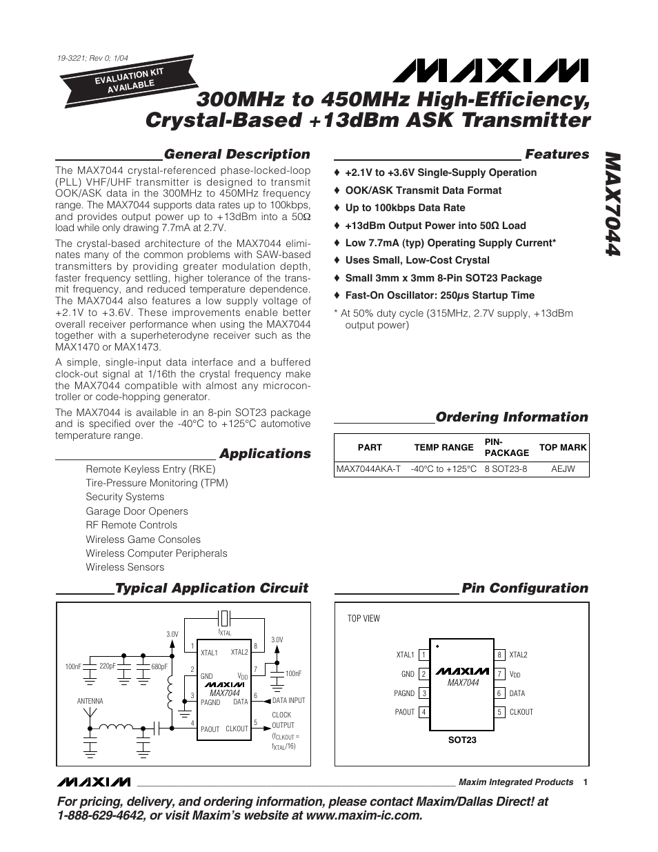 Rainbow Electronics MAX7044 User Manual | 9 pages