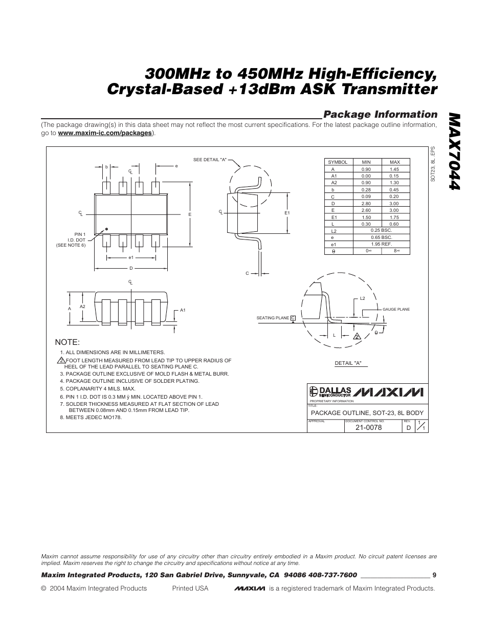 Package information | Rainbow Electronics MAX7044 User Manual | Page 9 / 9