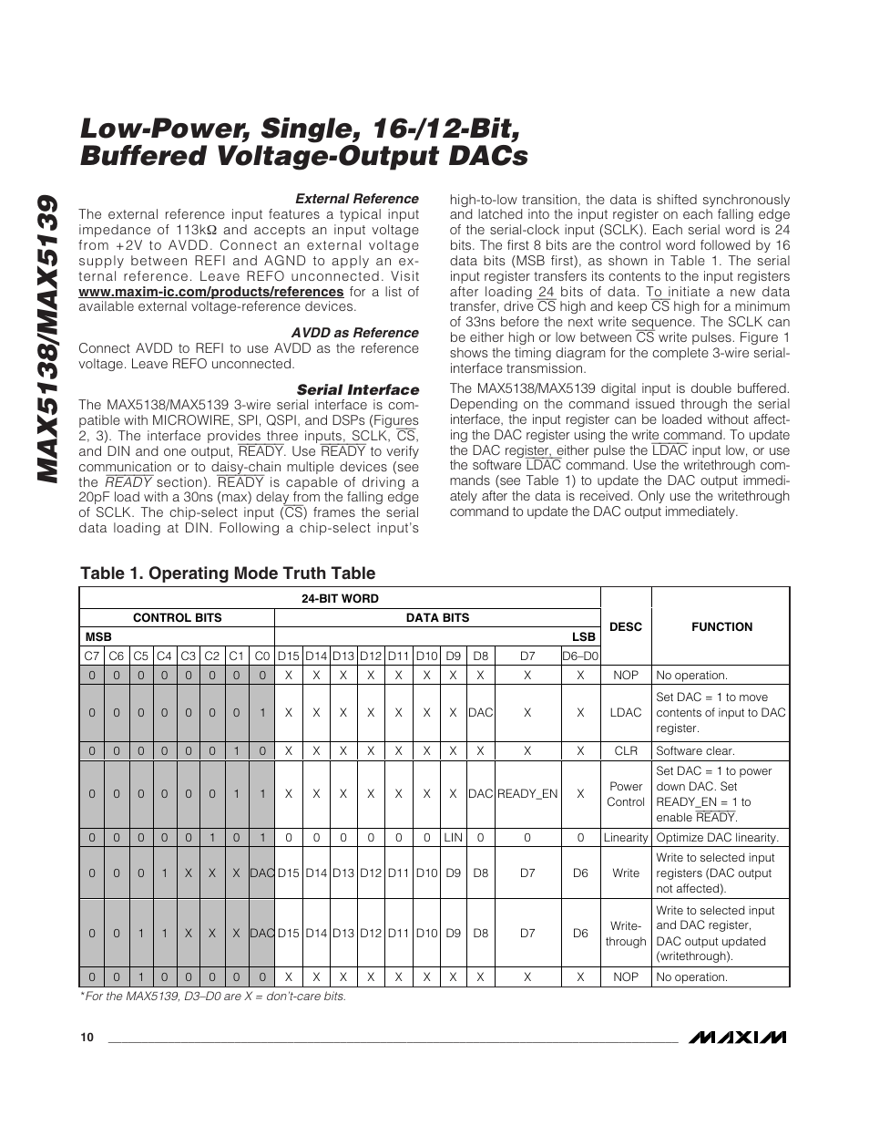 Table 1. operating mode truth table | Rainbow Electronics MAX5139 User Manual | Page 10 / 17