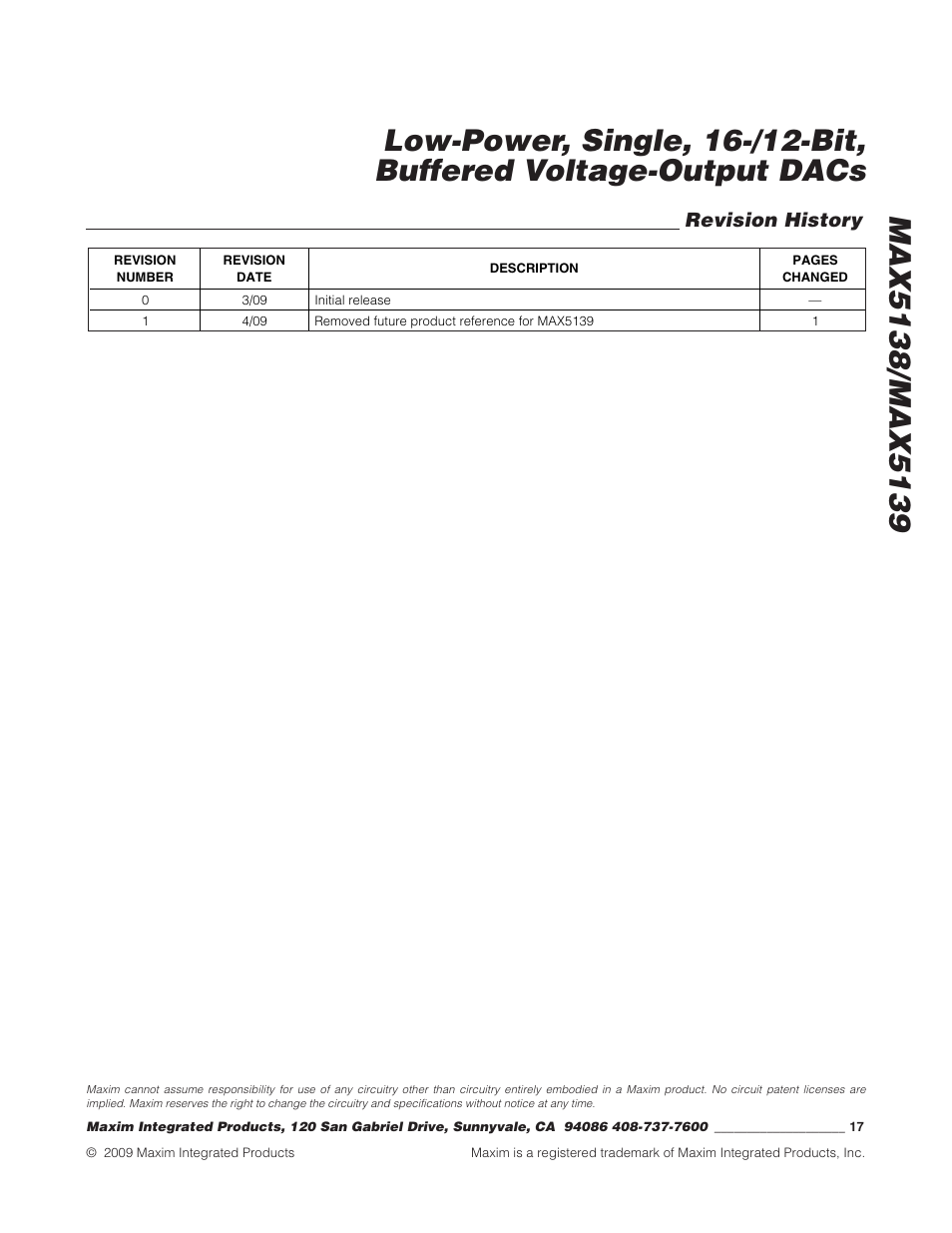 Revision history | Rainbow Electronics MAX5139 User Manual | Page 17 / 17