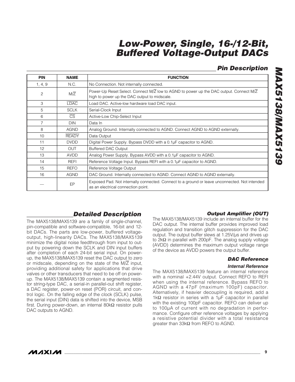 Detailed description, Pin description | Rainbow Electronics MAX5139 User Manual | Page 9 / 17