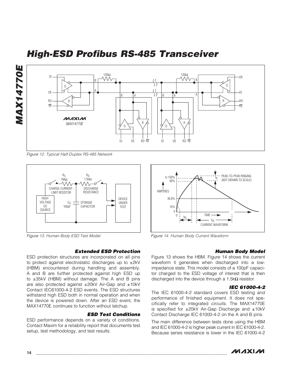 Extended esd protection, Esd test conditions, Human body model | Rainbow Electronics MAX14770E User Manual | Page 14 / 15