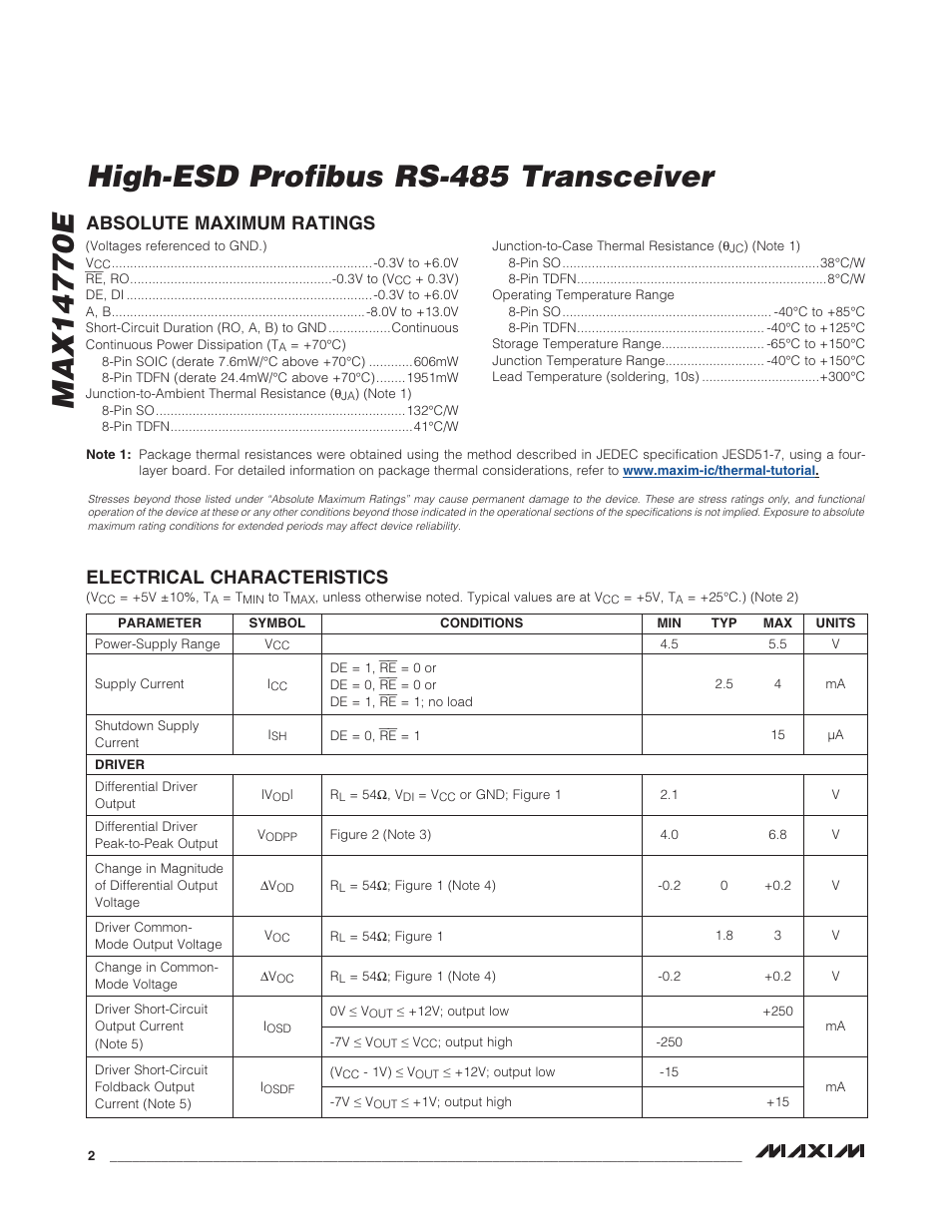 Electrical characteristics, Absolute maximum ratings | Rainbow Electronics MAX14770E User Manual | Page 2 / 15
