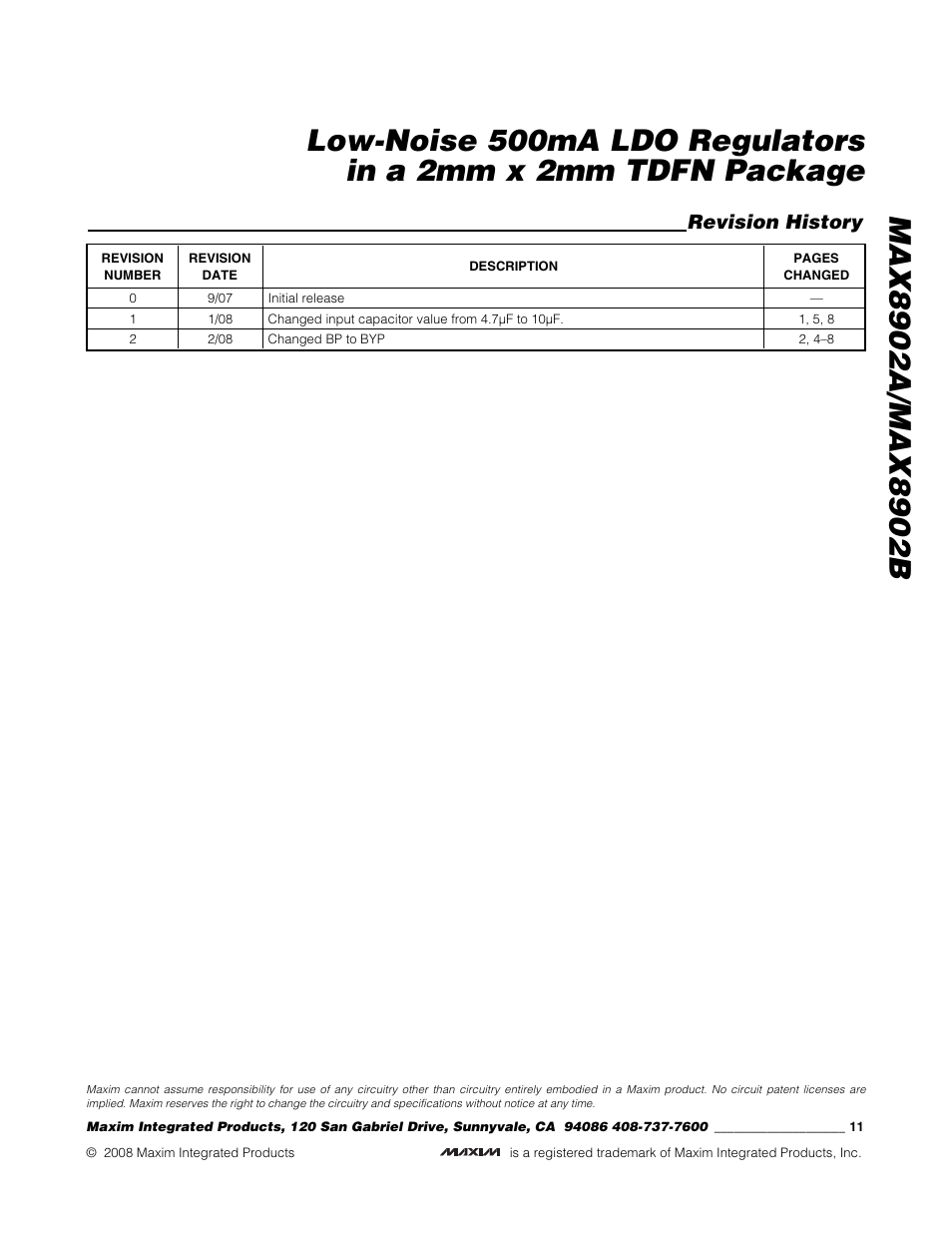 Revision history | Rainbow Electronics MAX8902B User Manual | Page 11 / 11