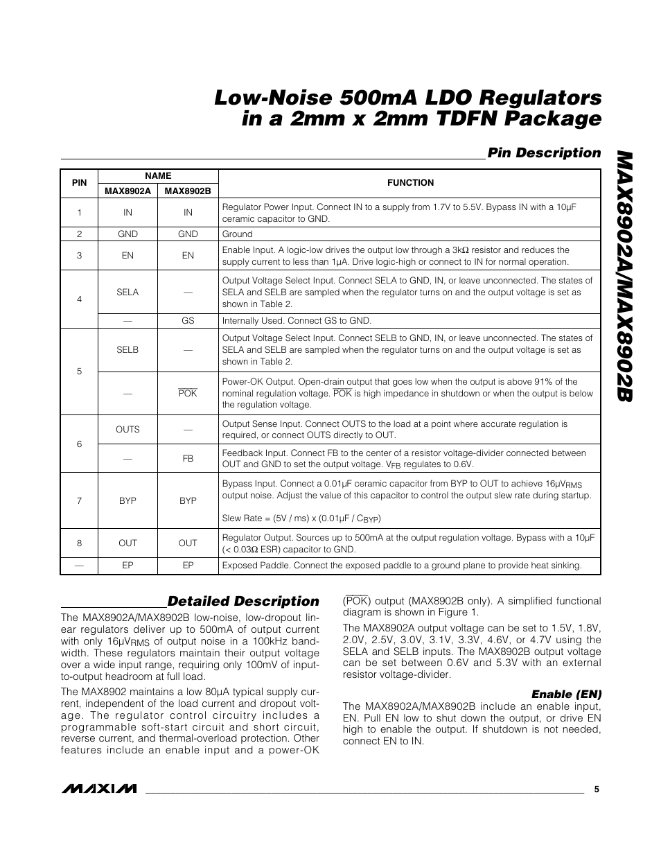 Detailed description, Pin description | Rainbow Electronics MAX8902B User Manual | Page 5 / 11