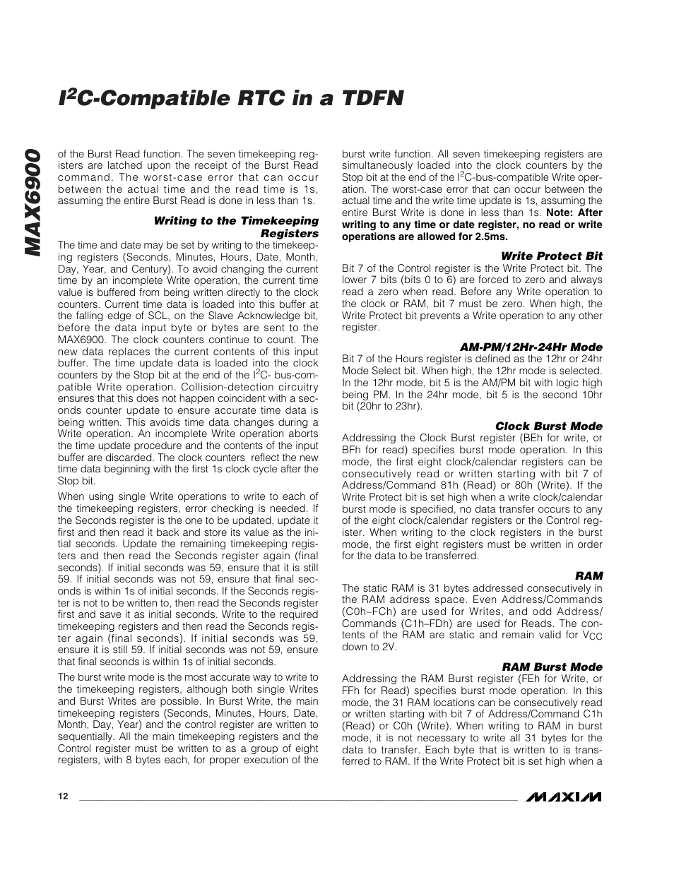Max6900 i, C-compatible rtc in a tdfn | Rainbow Electronics MAX6900 User Manual | Page 12 / 17