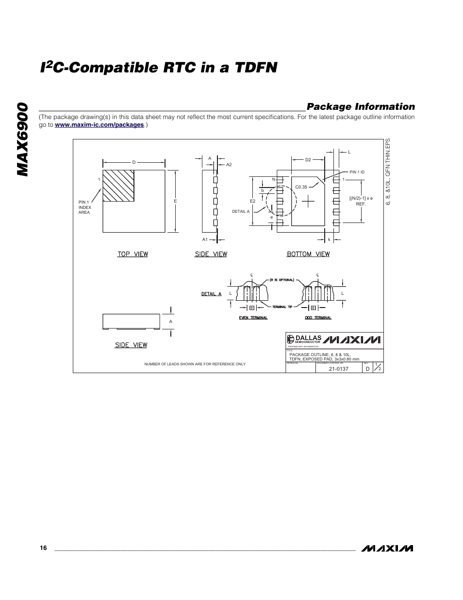 Max6900 i, C-compatible rtc in a tdfn, Package information | Rainbow Electronics MAX6900 User Manual | Page 16 / 17