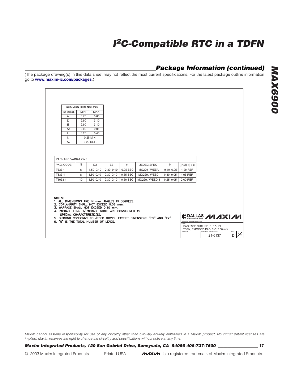 C-compatible rtc in a tdfn max6900, Package information (continued) | Rainbow Electronics MAX6900 User Manual | Page 17 / 17