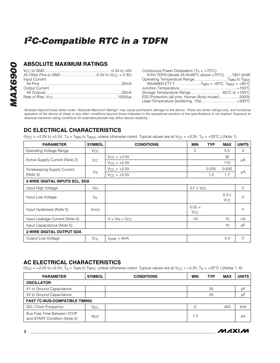 Max6900 i, C-compatible rtc in a tdfn, Absolute maximum ratings | Dc electrical characteristics, Ac electrical characteristics | Rainbow Electronics MAX6900 User Manual | Page 2 / 17