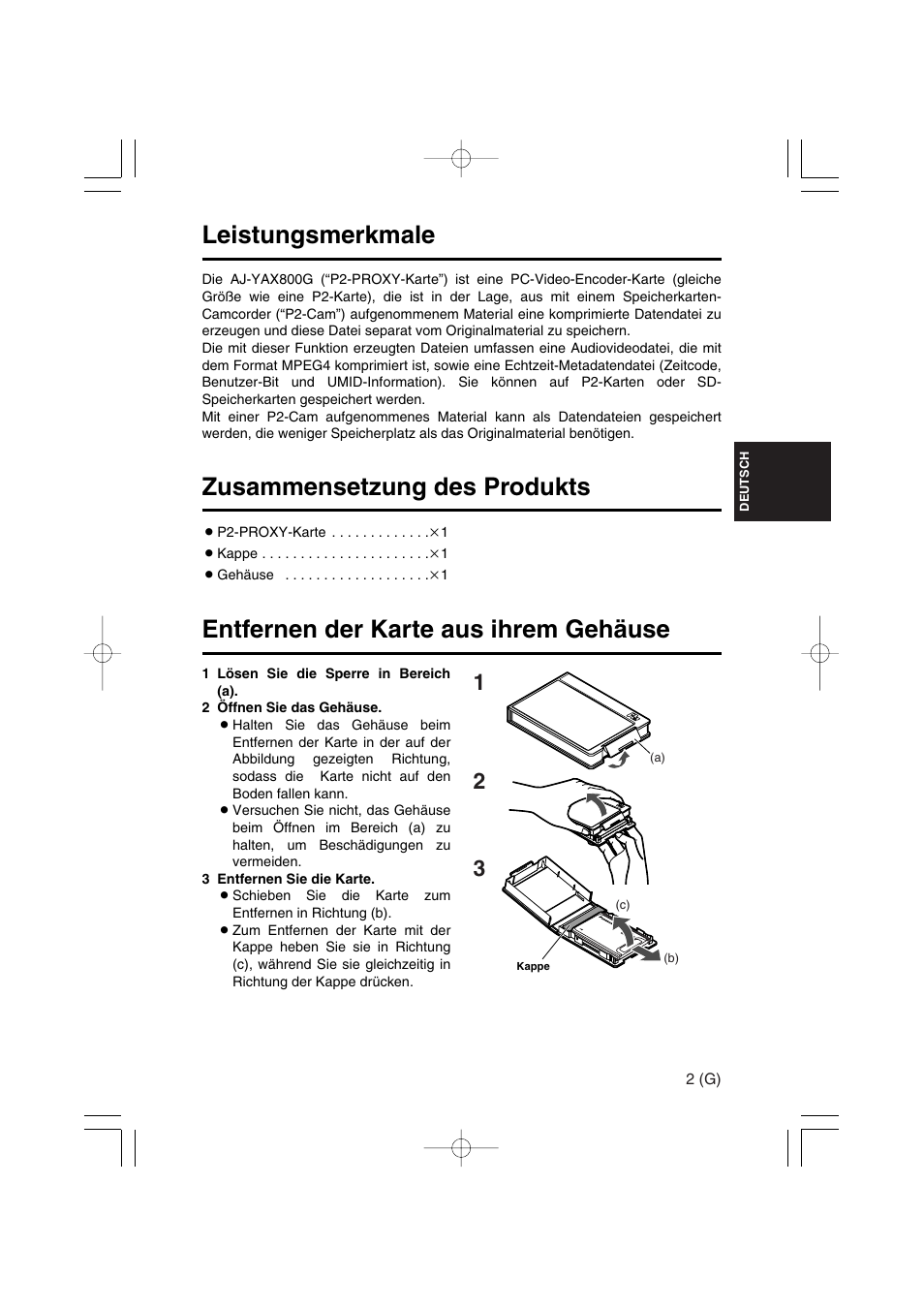 Leistungsmerkmale, Zusammensetzung des produkts, Entfernen der karte aus ihrem gehäuse | Panasonic AJ-YAX800 User Manual | Page 17 / 104