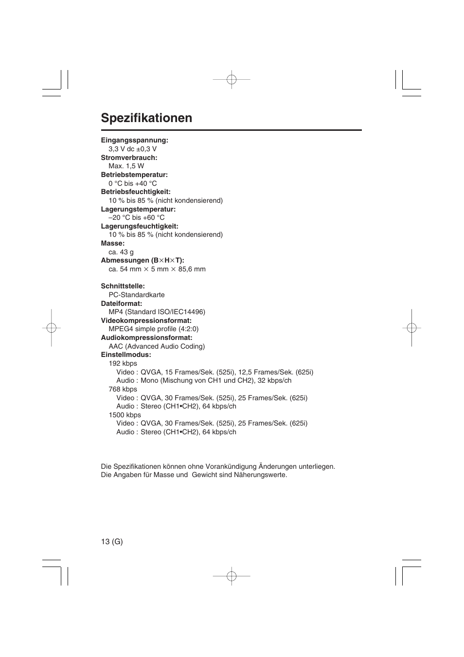 Spezifikationen | Panasonic AJ-YAX800 User Manual | Page 28 / 104