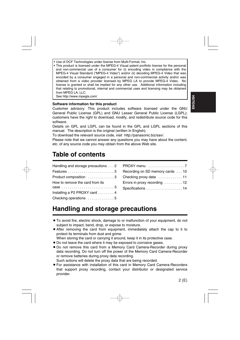Table of contents handling and storage precautions | Panasonic AJ-YAX800 User Manual | Page 3 / 104